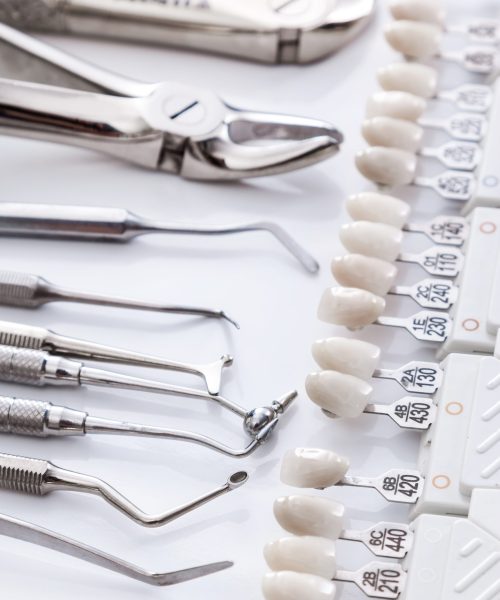 Different dental tools and teeth samples